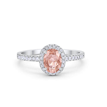 Halo Oval Engagement Ring Simulated Morganite CZ 925 Sterling Silver